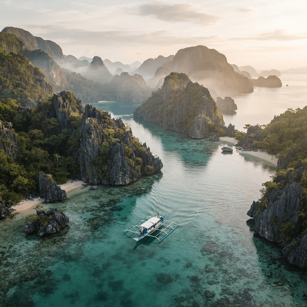 Aerial view of El Nido's limestone islands and turquoise lagoons in Palawan