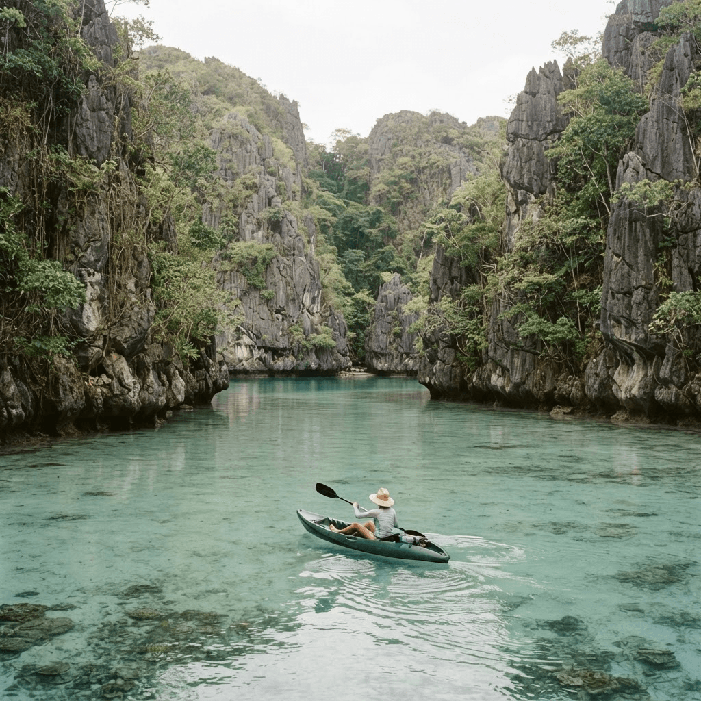 A hidden lagoon framed by limestone cliffs in El Nido, Palawan